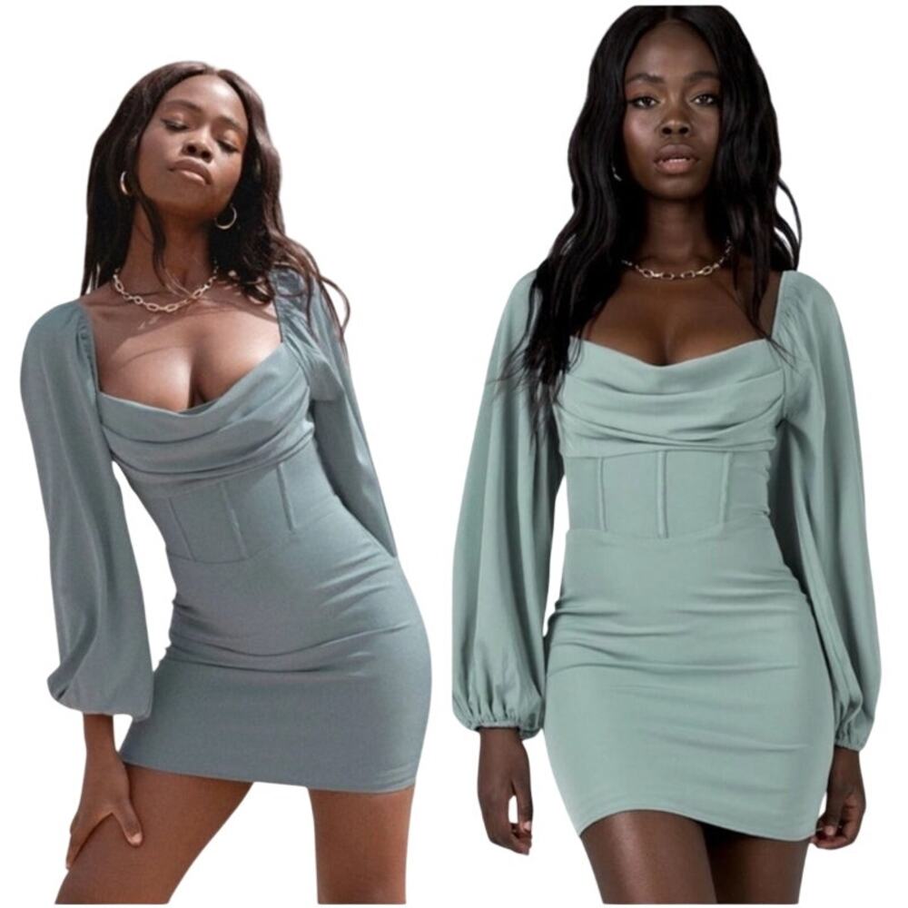 Princess Polly Lillie Corset Mini Dress Long Sleeve Bodycon Sage Teal Blue NEW 4